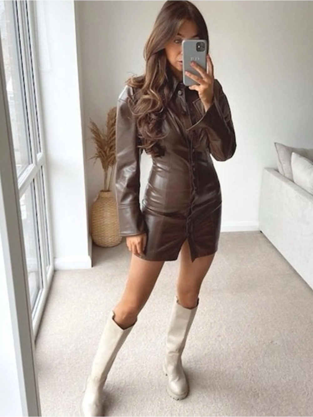 Zara Brown Faux Leather Button-Front Mini Jacket Dress